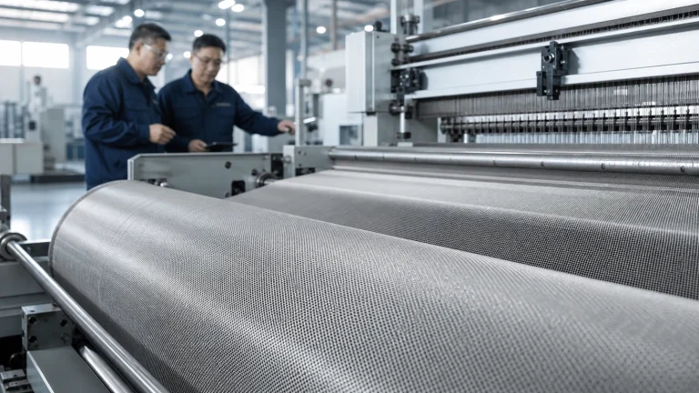 Ultra-fine stainless steel mesh moving through a precision weaving line