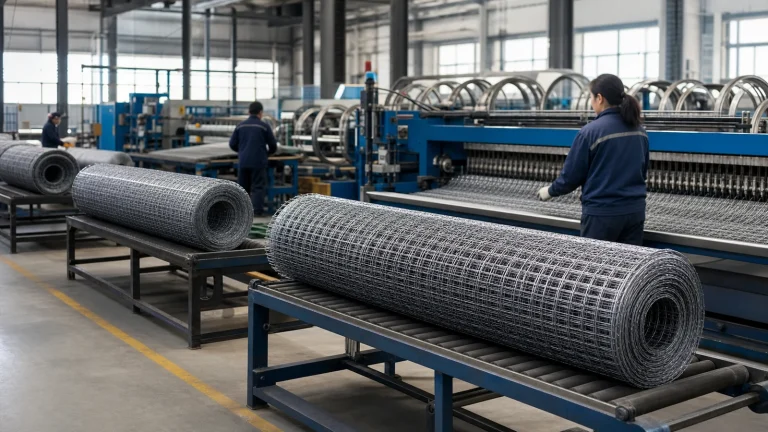 Rolls of welded wire mesh moving through a modern wire mesh manufacturing workshop