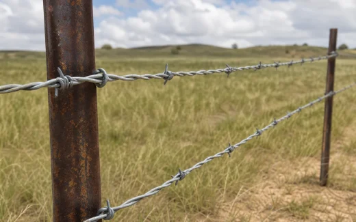 Galvanized double-strand barbed wire along a rural fence line