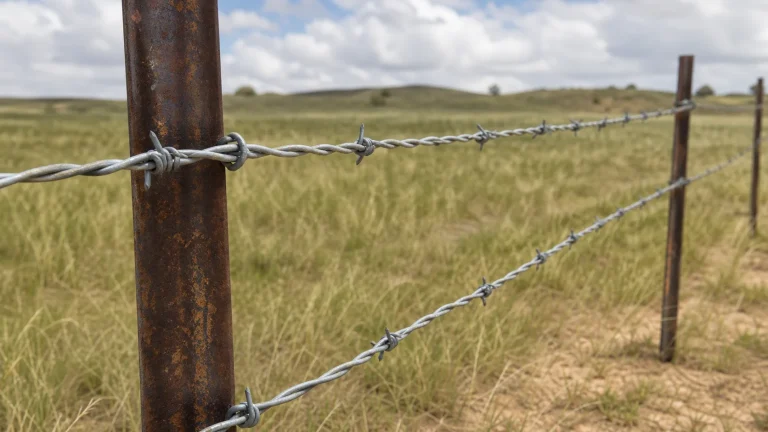 Galvanized double-strand barbed wire along a rural fence line