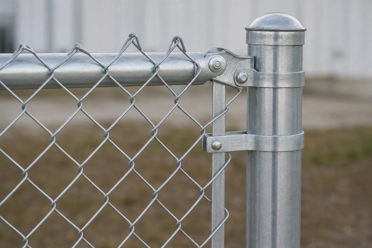 Terminal post, tension bands and tension bar on a galvanized chain link fence