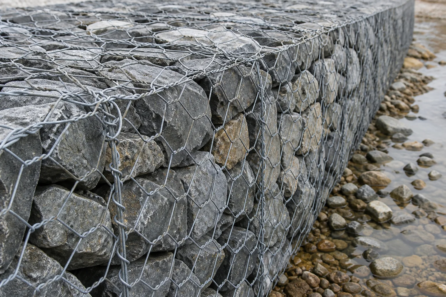 Stone-filled hexagonal mesh basket at a riverbank protection project