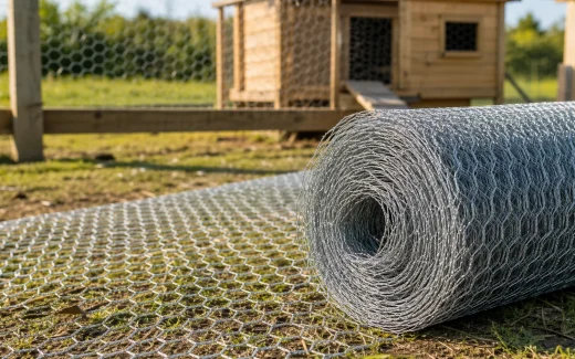 Galvanized hexagonal wire netting roll in a poultry-enclosure setting
