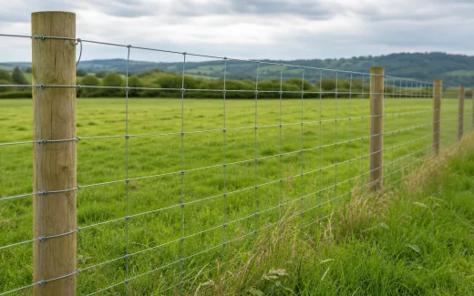 Galvanized field fence with graduated rectangular openings across pastureland