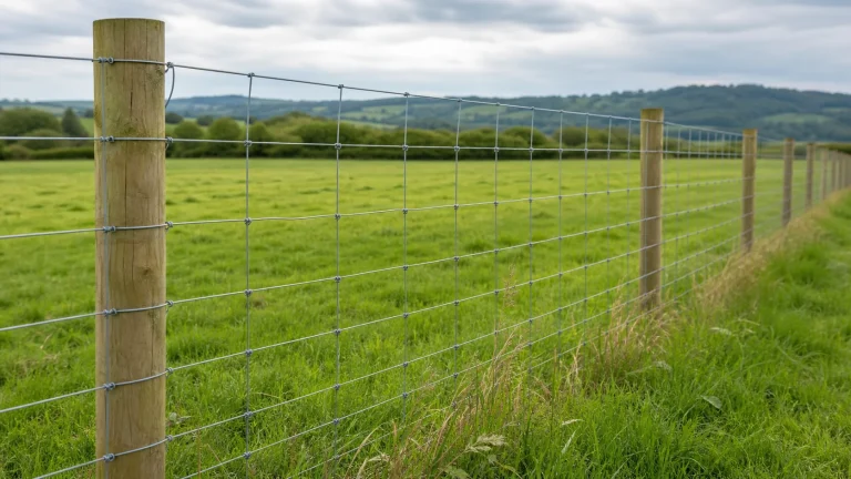 Galvanized field fence with graduated rectangular openings across pastureland