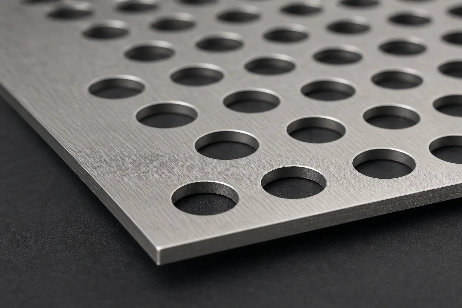 Macro detail of a stainless perforated sheet with deburred round holes