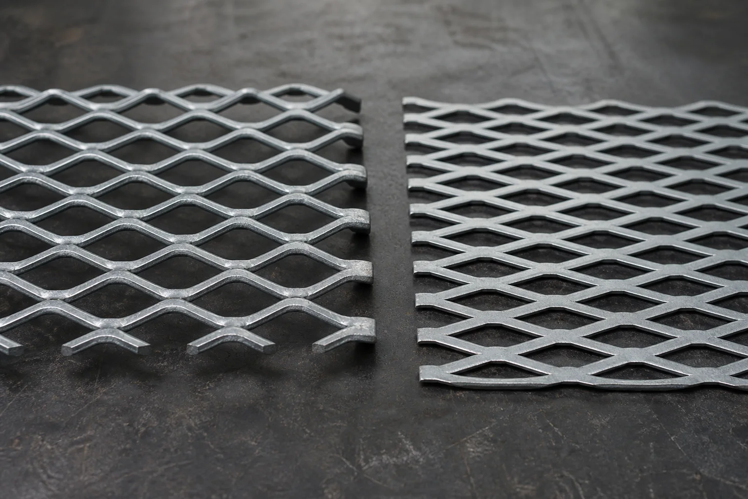 Raised and flattened galvanized expanded metal shown side by side