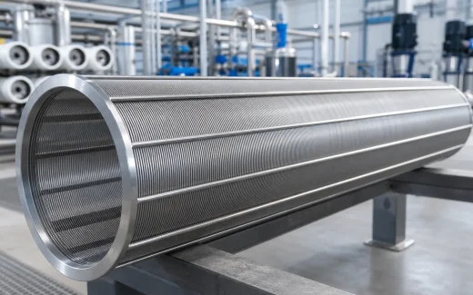 Stainless steel wedge wire cylindrical screen in a water-treatment workshop