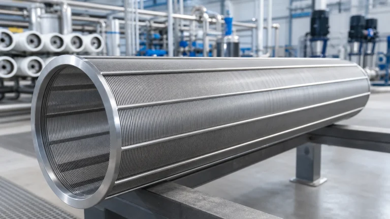 Stainless steel wedge wire cylindrical screen in a water-treatment workshop