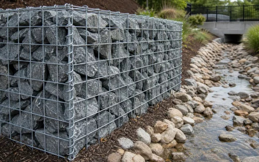 Welded gabion basket filled with stone beside a drainage channel