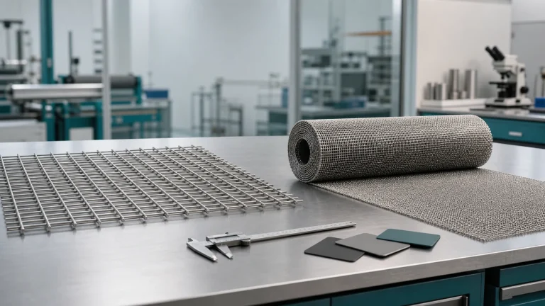 Rigid welded wire mesh panel and rolled woven wire mesh on an inspection bench