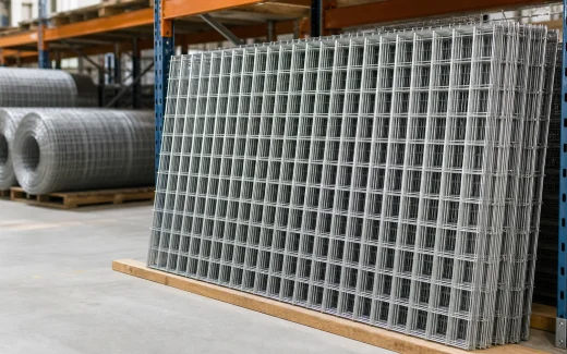 Rigid galvanized welded wire mesh panels and rolls in a warehouse