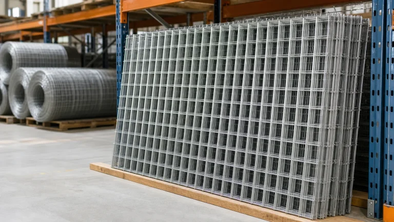 Rigid galvanized welded wire mesh panels and rolls in a warehouse