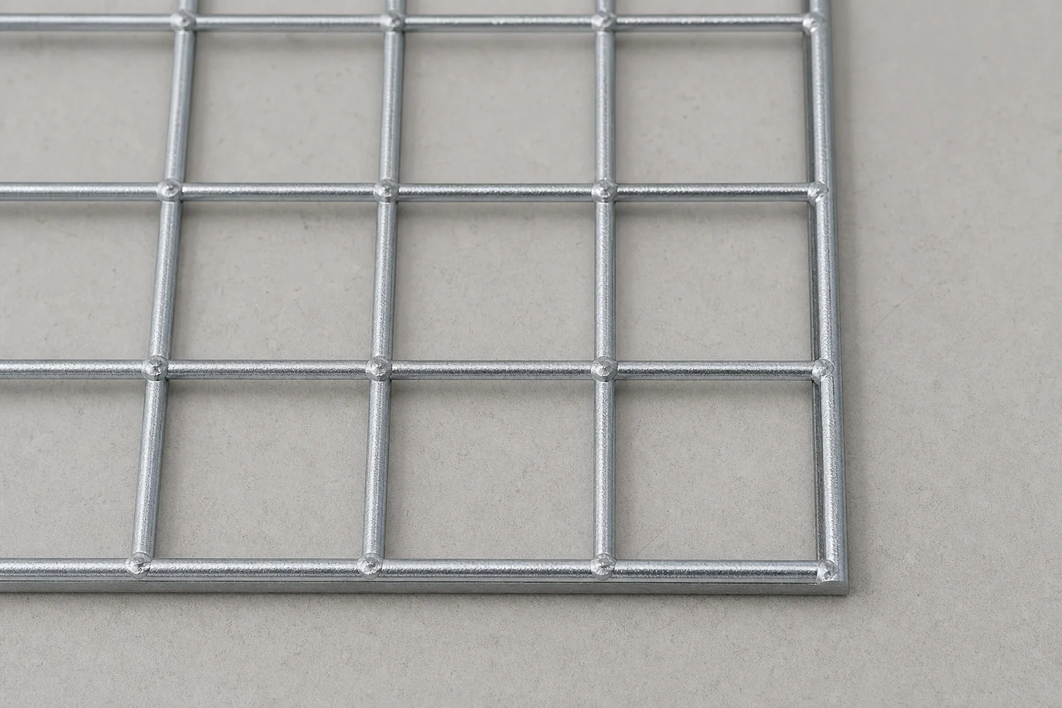 Close view of uniform weld intersections on a galvanized welded wire mesh panel