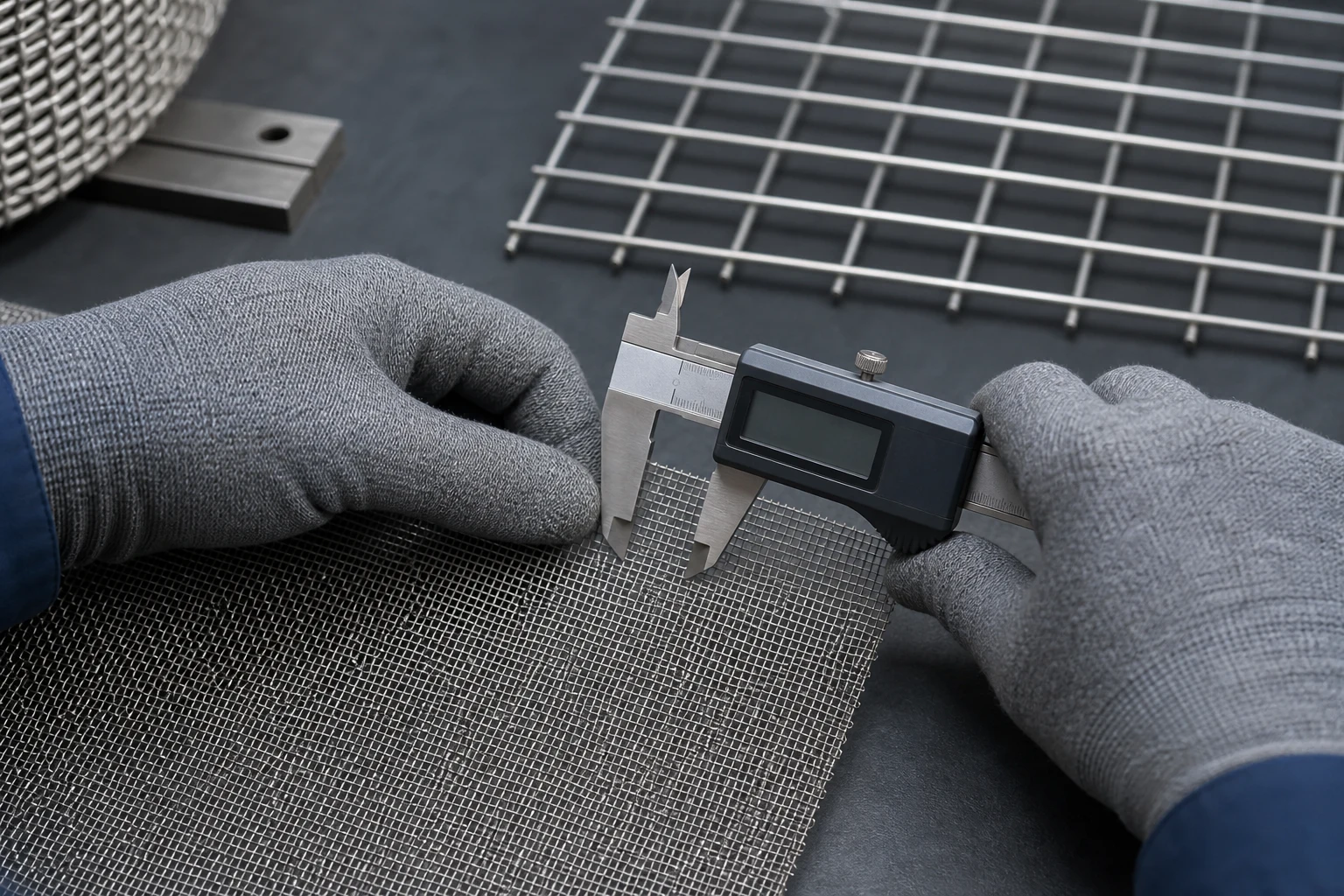 Technician measuring a fine woven wire mesh aperture with a precision caliper