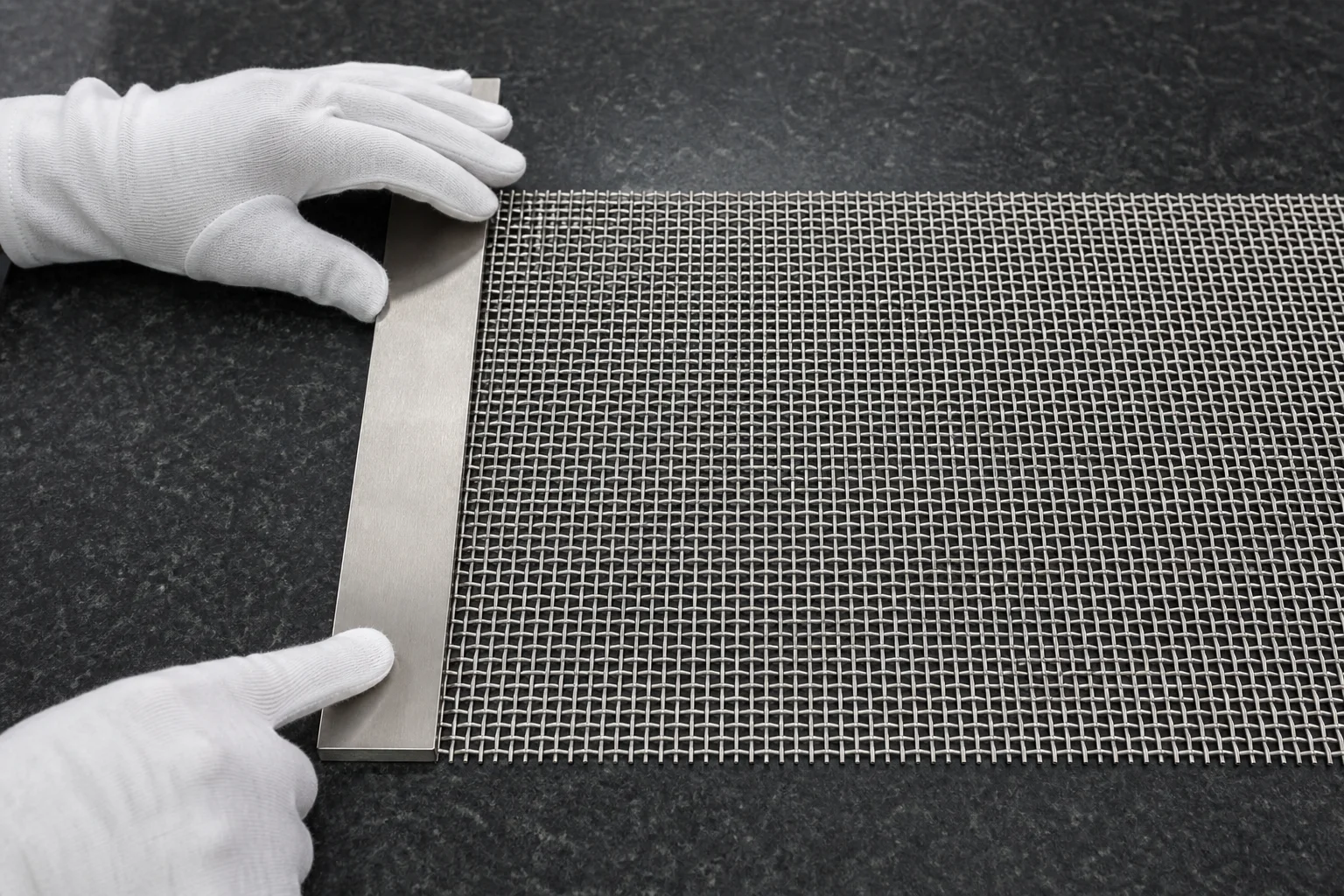 White-gloved hands checking the edge and flatness of a woven wire mesh panel with a precision straightedge