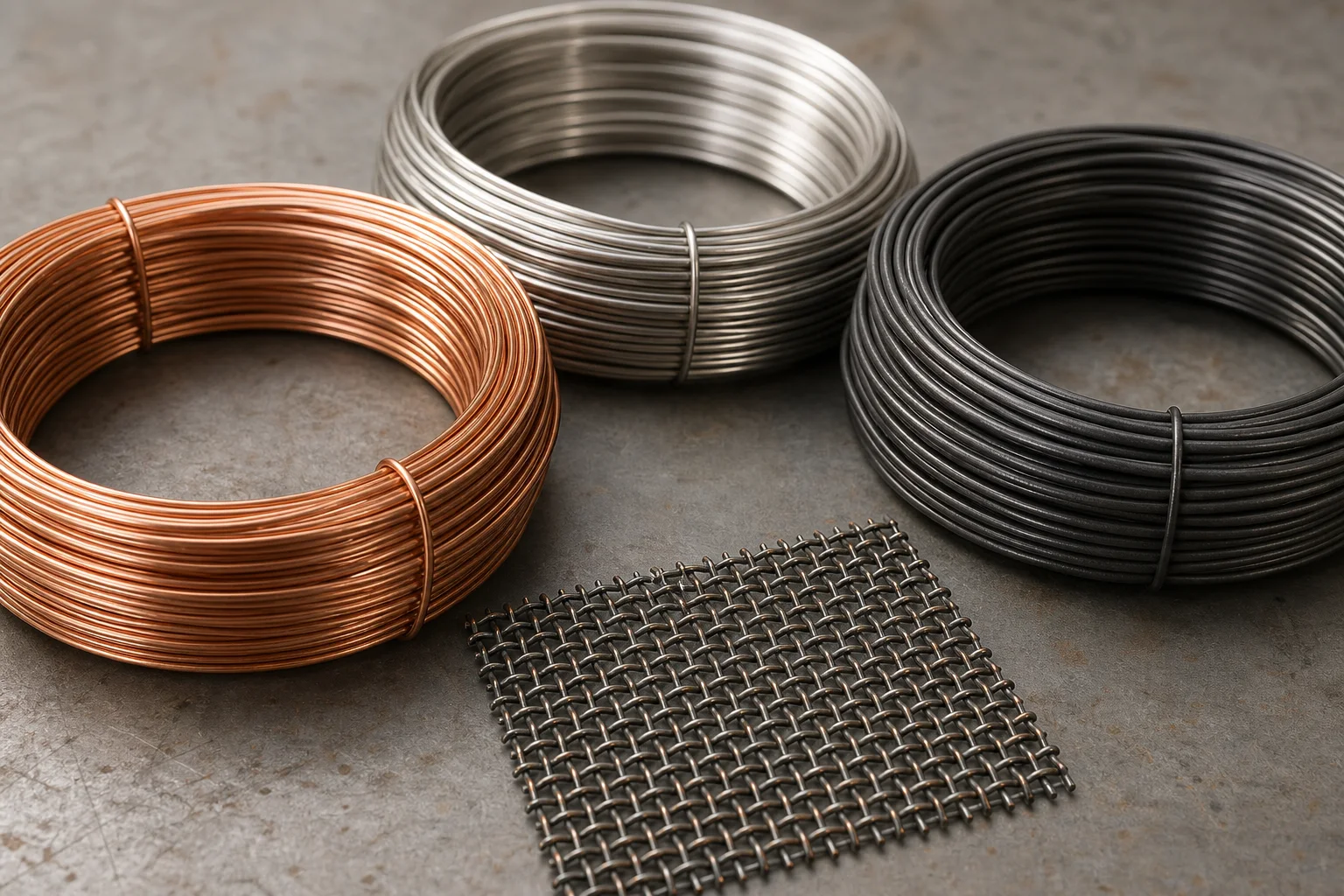 Copper, stainless steel and carbon-steel wire coils beside a woven mesh sample