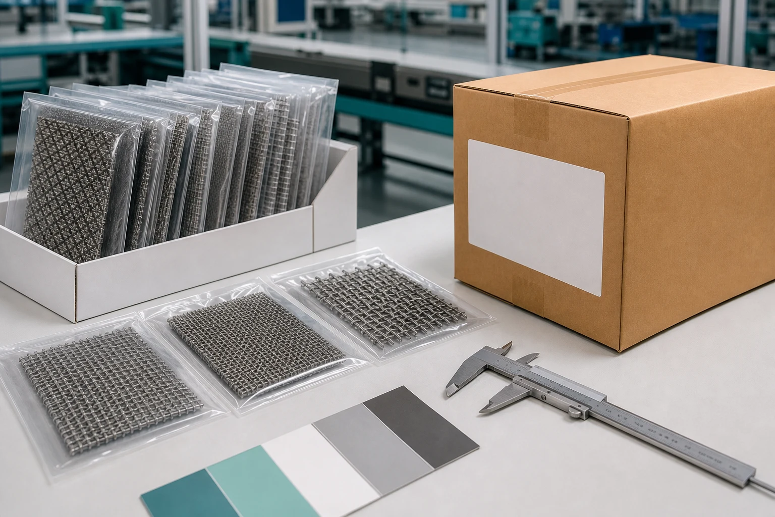 Wire mesh samples and protected packing materials prepared for comparison and shipment