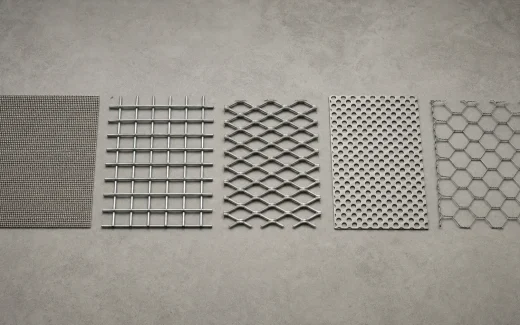 Distinct wire mesh product forms arranged on a materials table