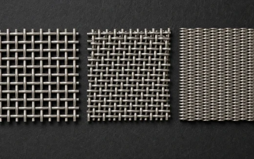 Three stainless steel woven mesh samples showing different weave patterns