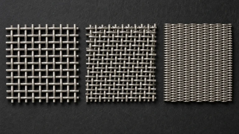 Three stainless steel woven mesh samples showing different weave patterns
