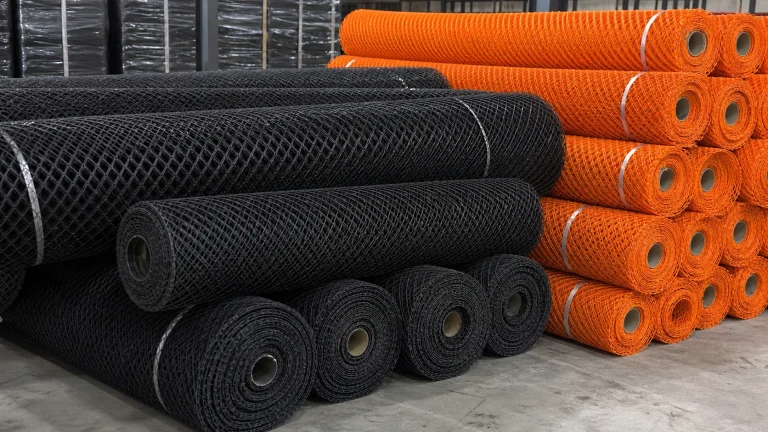 Black HDPE mesh rolls and orange safety mesh rolls in a warehouse