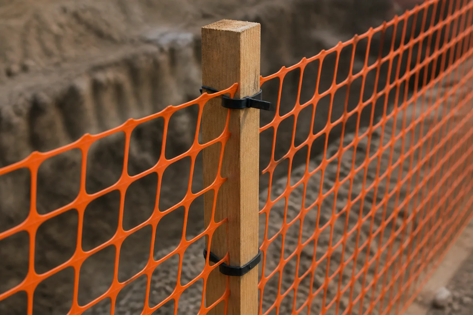 Orange HDPE safety mesh fastened to temporary construction posts