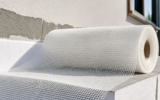 White fiberglass mesh roll prepared for exterior wall finishing work