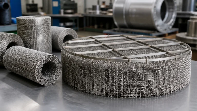 Stainless steel knitted wire mesh rolls and a circular demister pad in a process equipment workshop