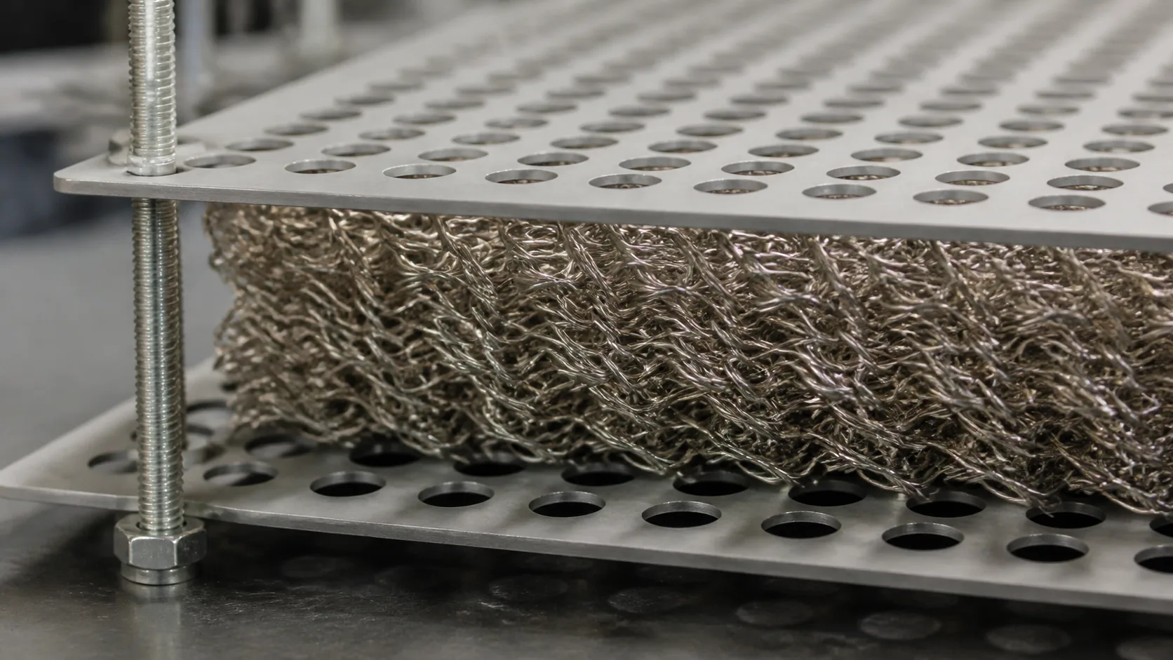 Close-up of stainless steel knitted wire mesh between perforated support grids