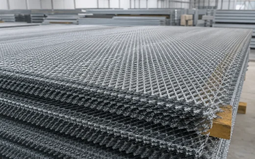 Stacked galvanized metal lath sheets in a construction-material warehouse