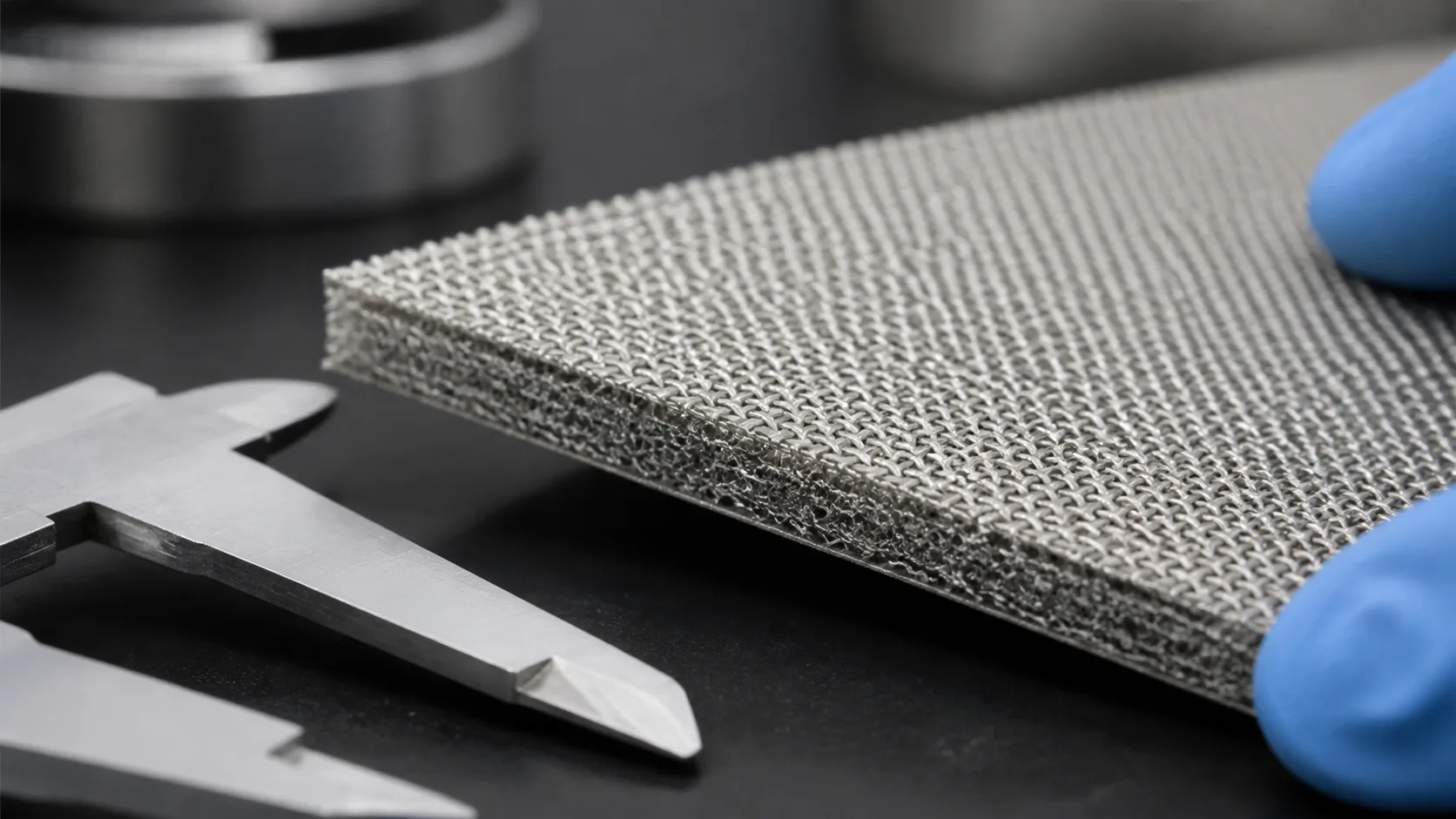 Close view of a layered sintered wire mesh panel being inspected at a filtration quality control bench