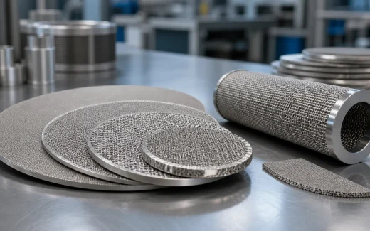 Stainless steel sintered wire mesh filter discs and a cylindrical filter element on an industrial workbench