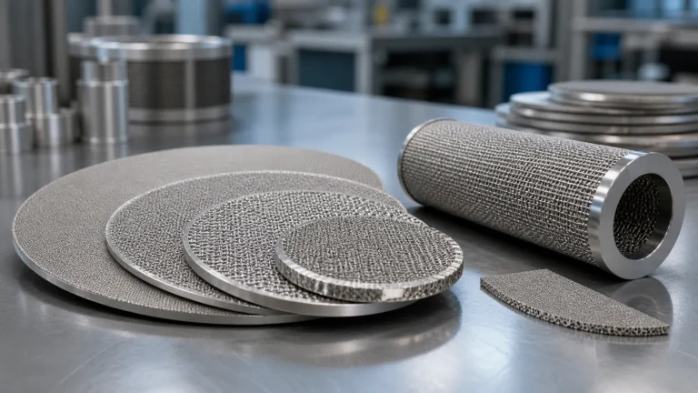 Stainless steel sintered wire mesh filter discs and a cylindrical filter element on an industrial workbench