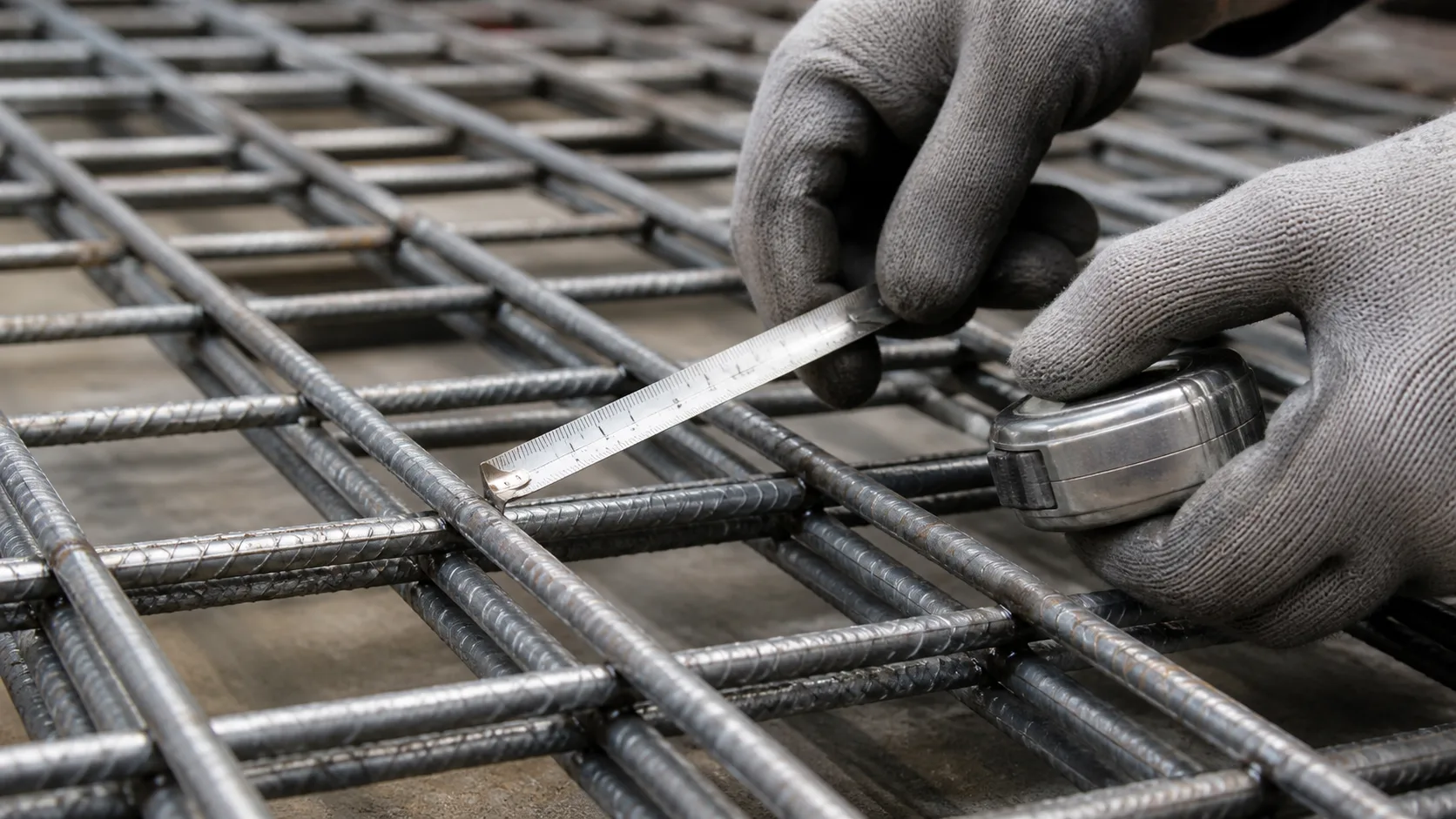 Gloved inspector measuring the opening of welded steel reinforcement mesh