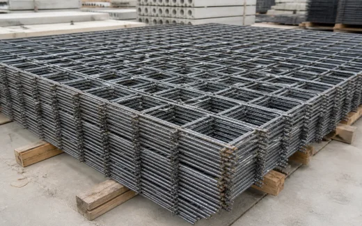 Stacked welded steel reinforcement mesh sheets at a concrete construction materials yard