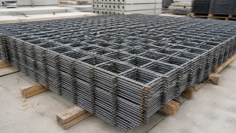 Stacked welded steel reinforcement mesh sheets at a concrete construction materials yard