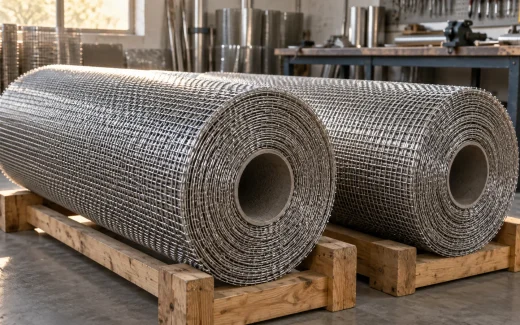 Two visually similar stainless steel woven wire mesh rolls in a workshop