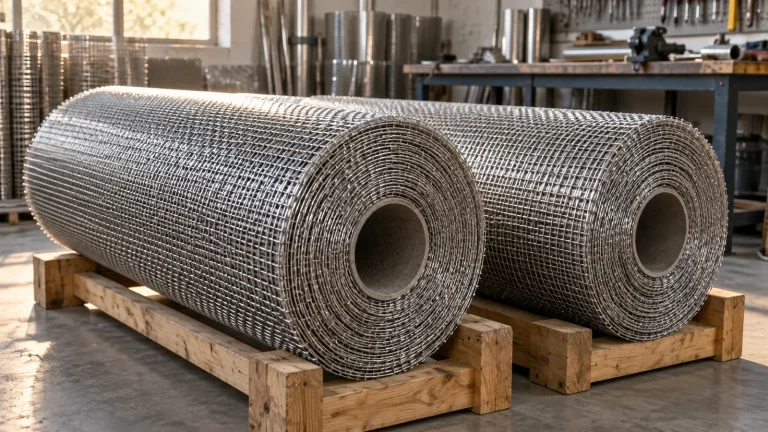 Two visually similar stainless steel woven wire mesh rolls in a workshop