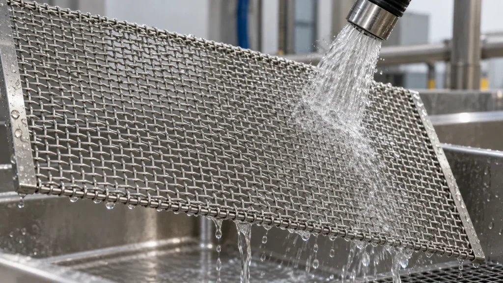 Fresh water rinsing a stainless steel woven mesh panel