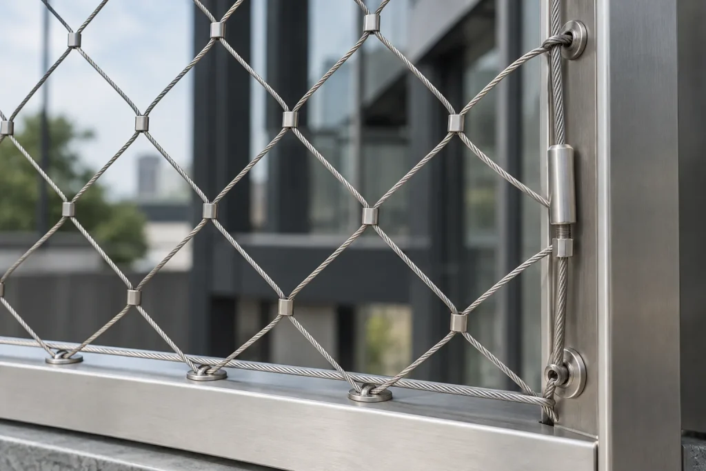Cable sleeves and perimeter lacing on architectural wire rope mesh