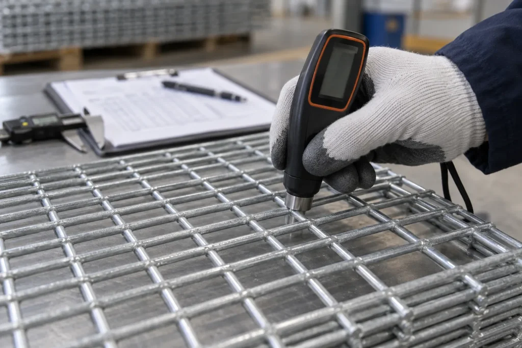 Inspector measuring coating thickness on galvanized welded wire mesh