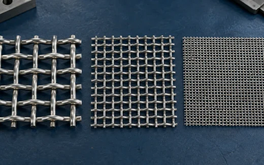 Three square woven wire mesh samples with different aperture sizes
