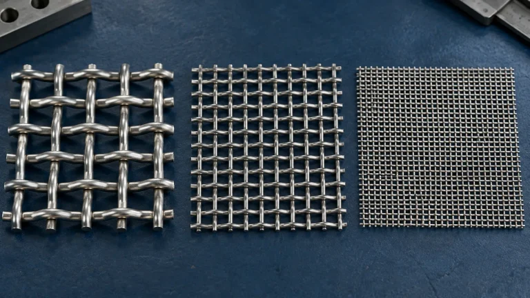 Three square woven wire mesh samples with different aperture sizes