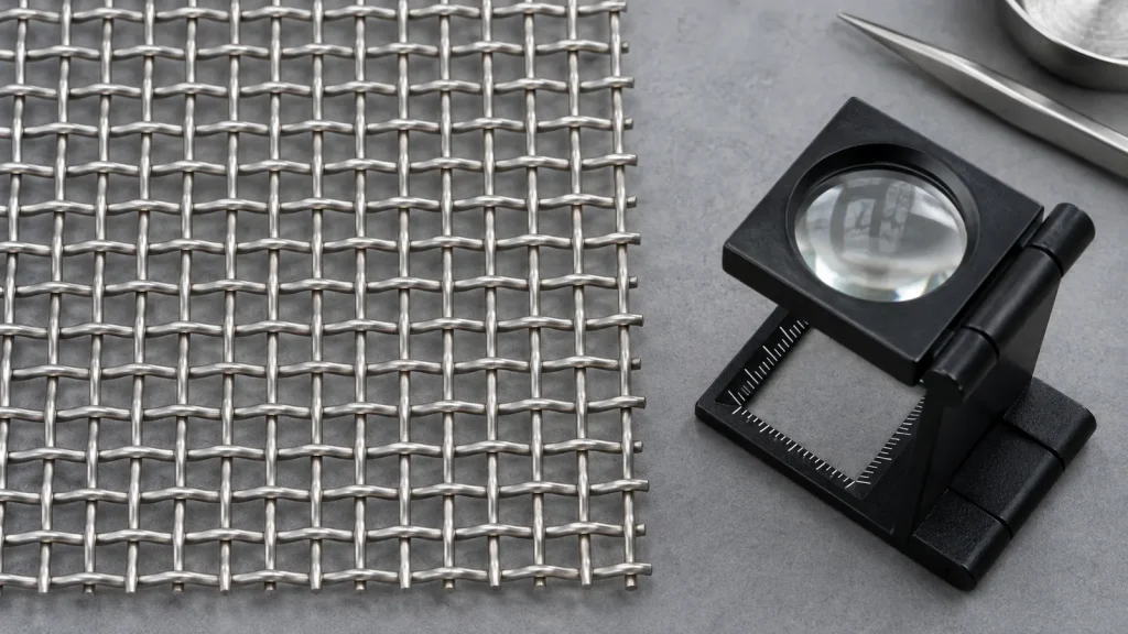Square woven mesh and a measuring loupe on an inspection bench