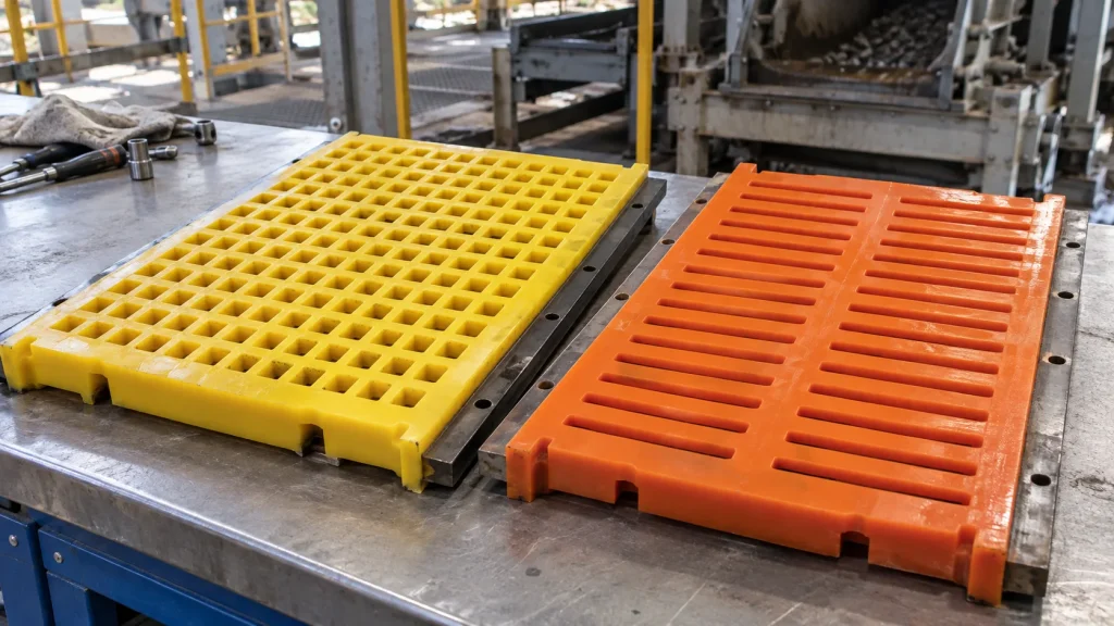 Square and slotted polyurethane screening modules on an inspection bench