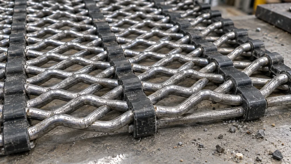 Crimped self-cleaning screen wires held by polyurethane strips