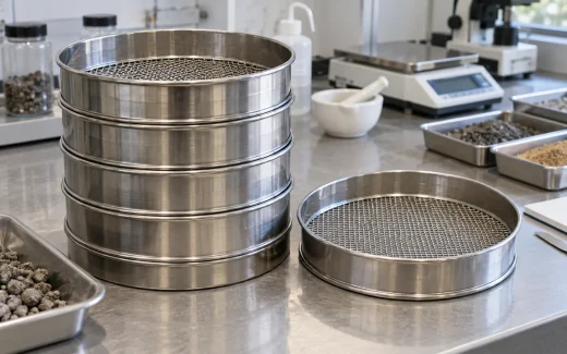 Stacked laboratory test sieves and a separate woven wire sieve on a laboratory bench