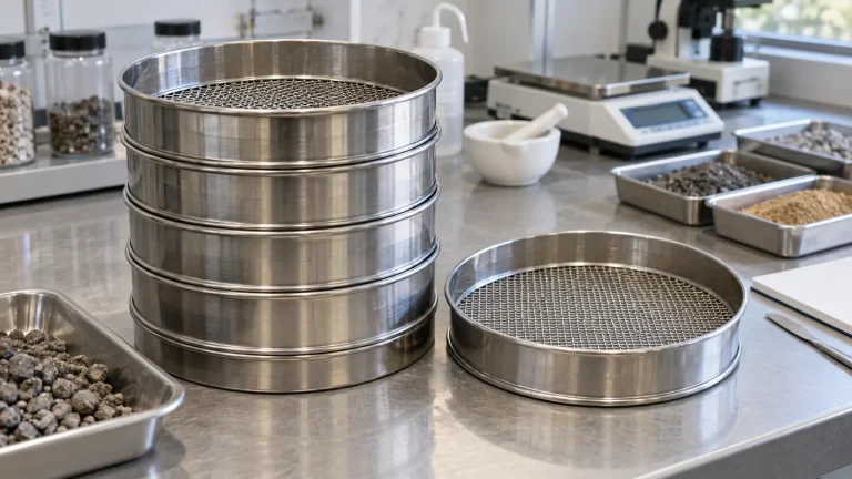 Stacked laboratory test sieves and a separate woven wire sieve on a laboratory bench