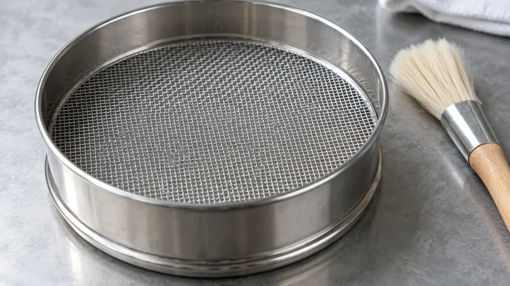 Laboratory wire cloth sieve beside a cleaning brush